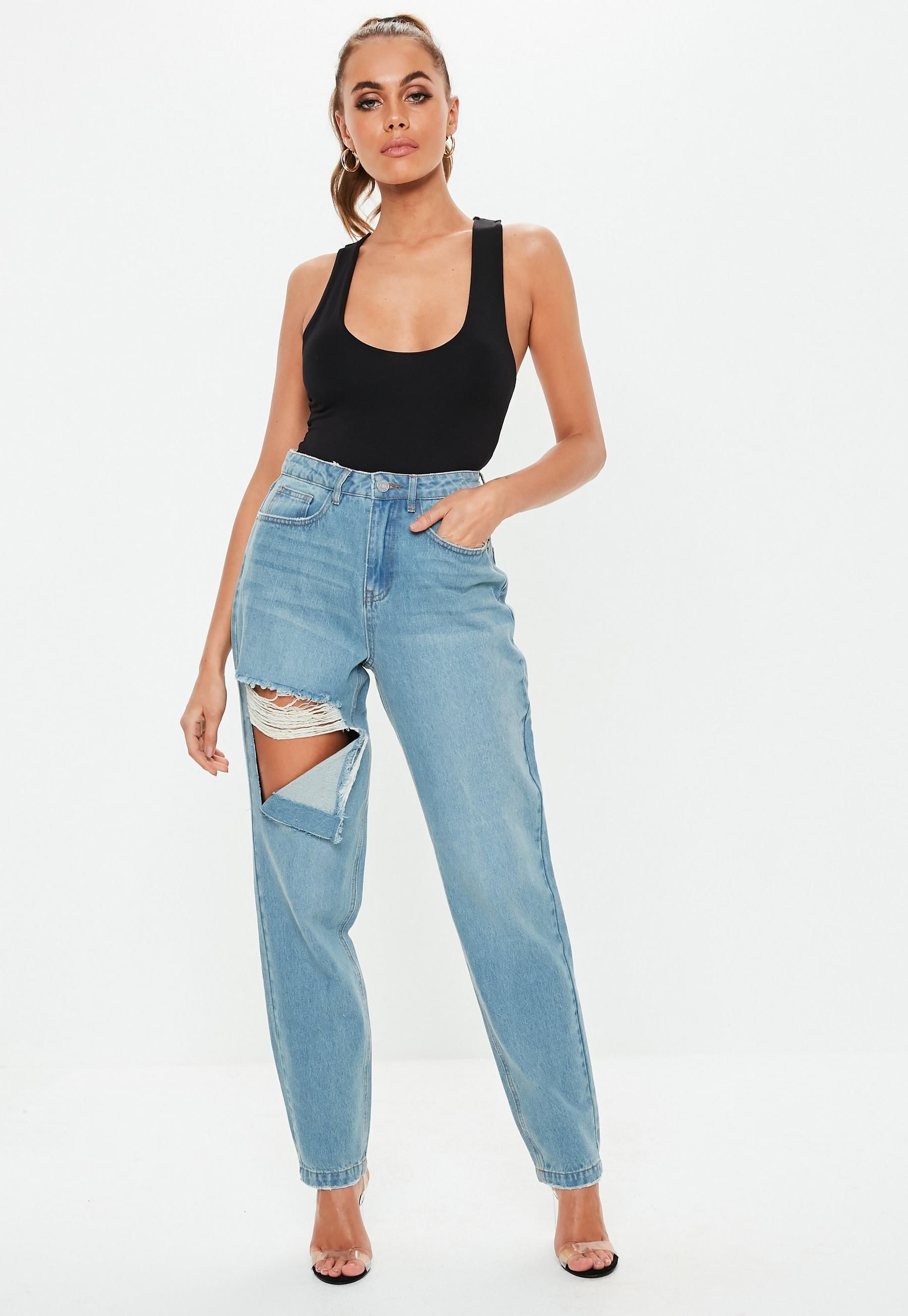 Tall Blue Riot Stone Wash Ripped Thigh High Waisted Mom Rigid Jeans | Missguided (UK & IE)