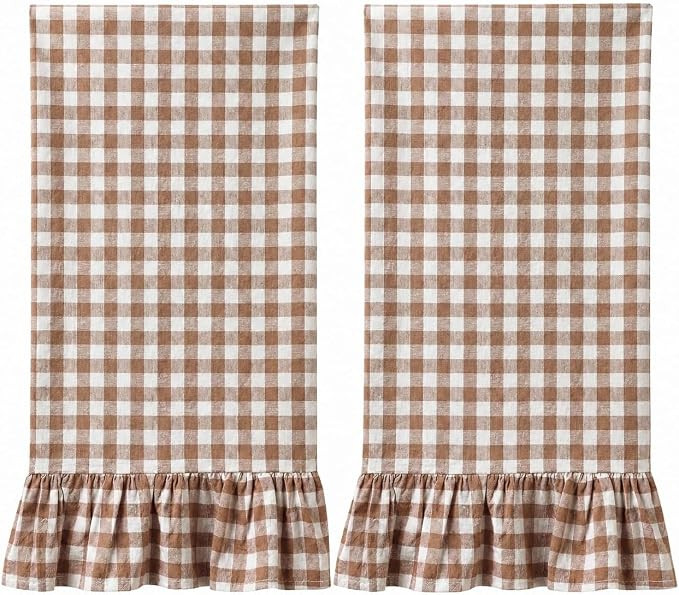 Tan Gingham Kitchen Towels Set of 2, 18 x 28 Inch 100% Cotton Ruffled Large Dish Towels with Hang... | Amazon (US)