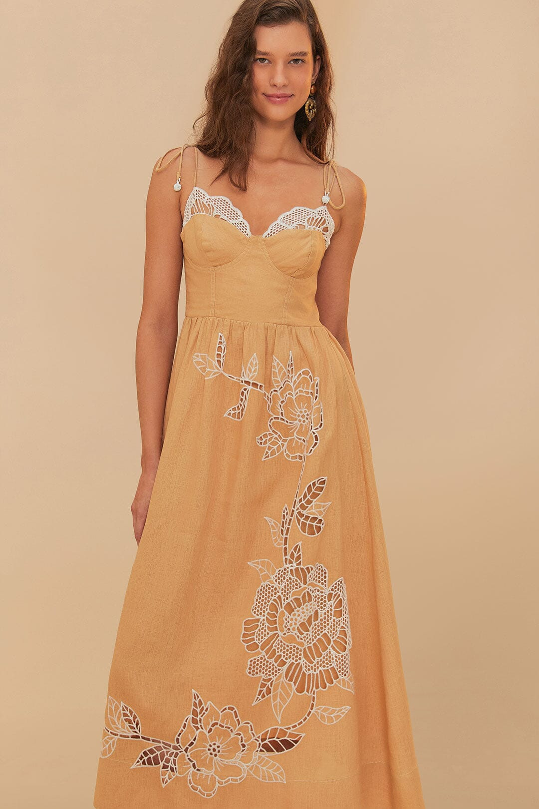 Sand Richelieu Euroflax™ Premium Linen Midi Dress | FarmRio (US)