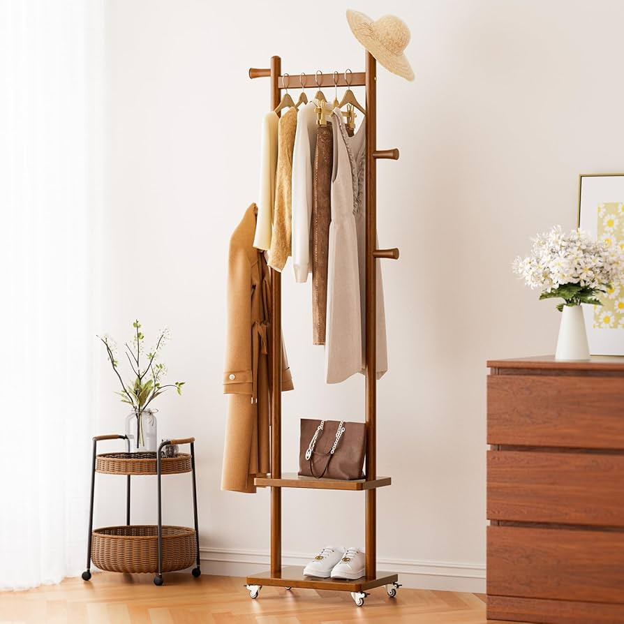 Solid Wood Coat Rack Freestanding Clothing Rack with Wheels & 2 Shelves Storage & 5 Hooks Heavy D... | Amazon (US)