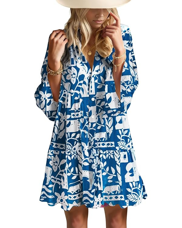 Summer Dresses for Women 2026 Flowy Ruffle 3/4 Sleeve V Neck Tiered Casual Babydoll Boho Beach Mi... | Amazon (US)