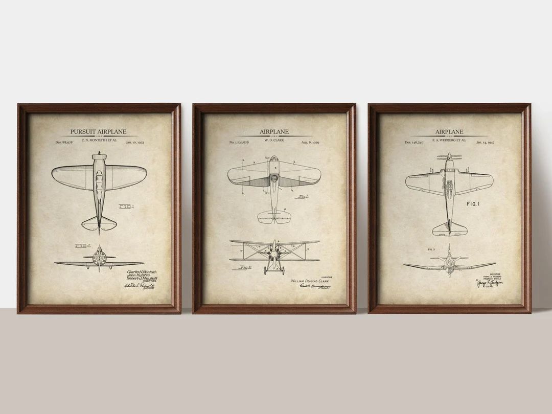 WW2 Planes Patent Prints | Set of 3 | WW2 Plane Patent Art | Vintage Pilot Room Decor | Gift for ... | Etsy (US)