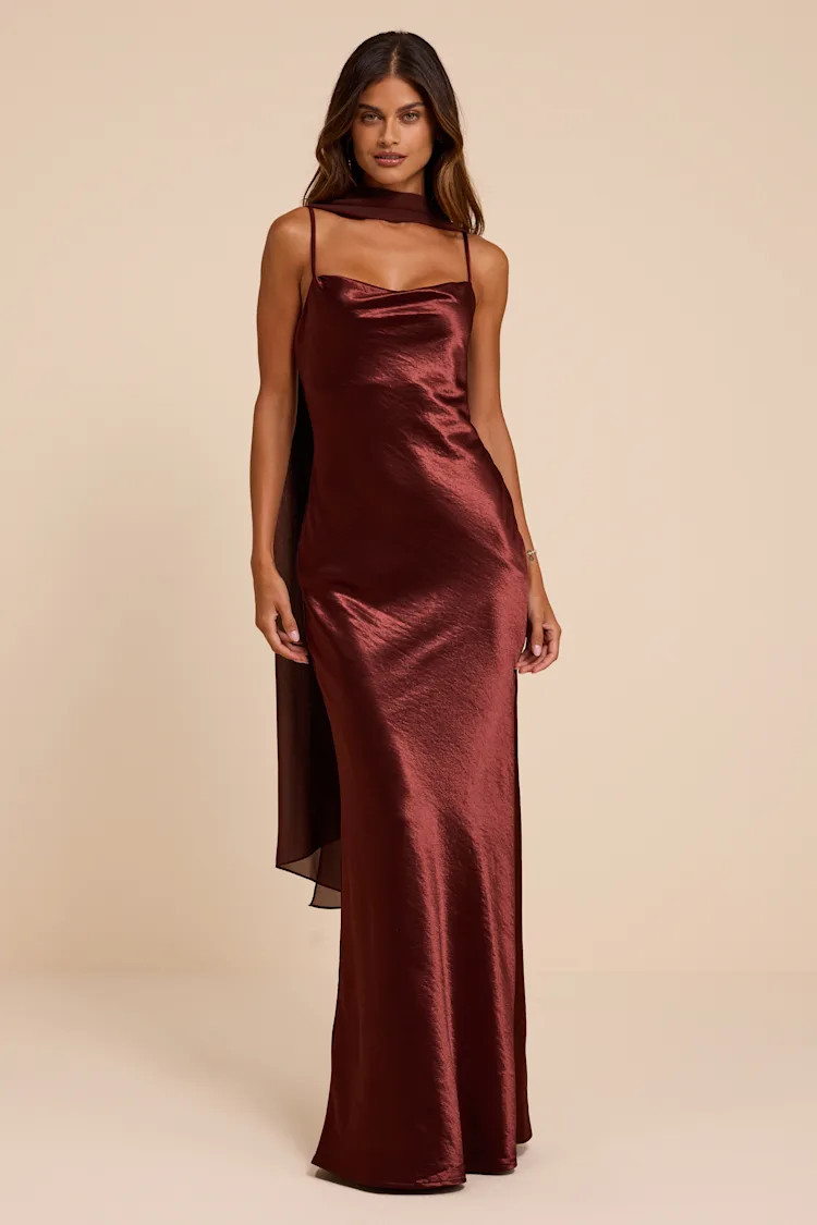 Daya Brown Satin Slip Maxi Dress and Scarf Set | Lulus