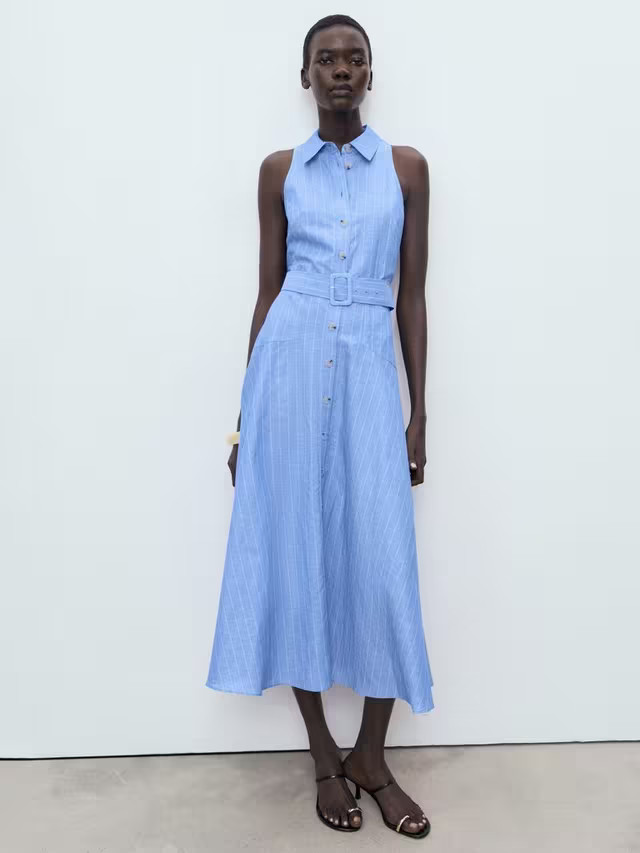 Mango Dam Striped Linen Blend Shirt Style Dress, Medium Blue | John Lewis (UK)