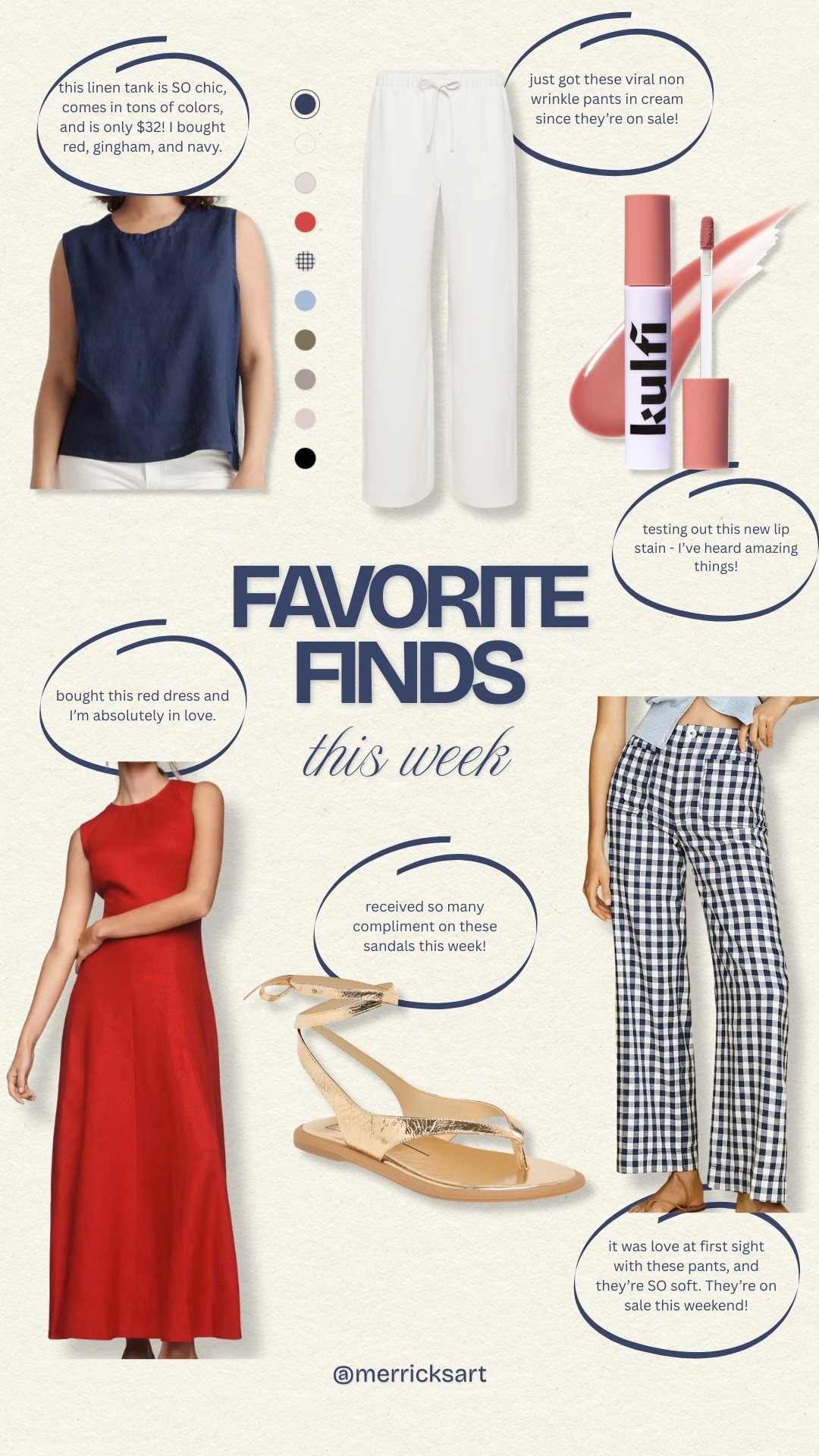 Favorite finds this week! Chic linen tank, viral non-wrinkle pants in cream, new lip stain, red dress, gold sandals, soft gingham pants!

#LTKSeasonal