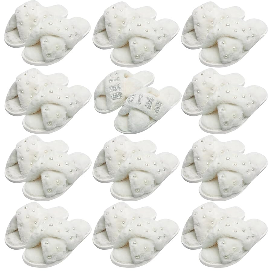 12 Pairs Women's Fuzzy Slippers Bulk Cross Band Open Toe Bridesmaid Slippers Plush Furry Slippers... | Amazon (US)