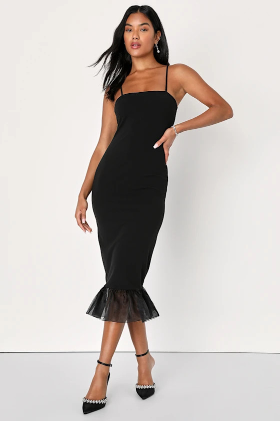 Absolutely Flirty Black Sleeveless Ruffled Bodycon Midi Dress | Lulus (US)
