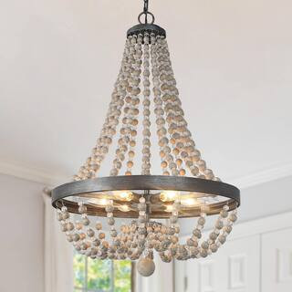 Farmhouse Brushed Black Crystal Beaded Chandelier 6-Light Wood Island Basket Pendant Lighting for Dining Room | The Home Depot