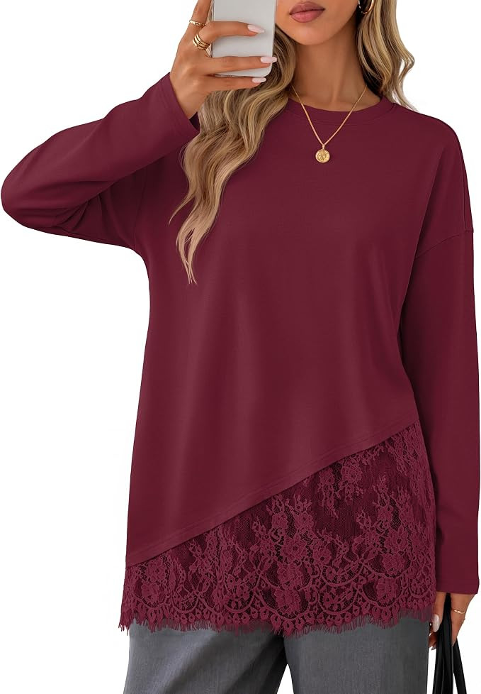 MEROKEETY Women's Long Sleeve Tops Fall 2026 Lace Patchwork Casual Shirts | Elegant Asymmetrical ... | Amazon (US)
