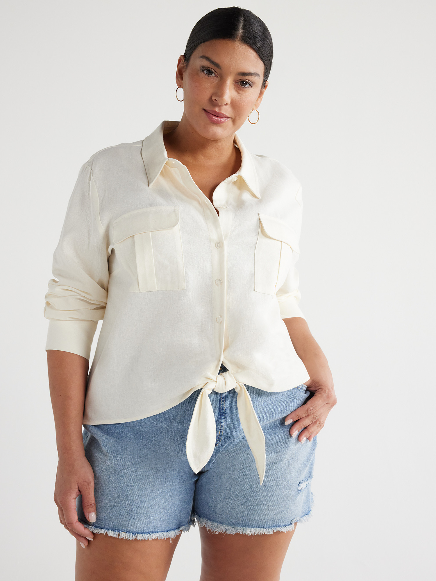 Sofia Jeans Women's and Women's Plus Linen Blend Tie Front Top with Cargo Pockets, Sizes XS-5X | Walmart (US)