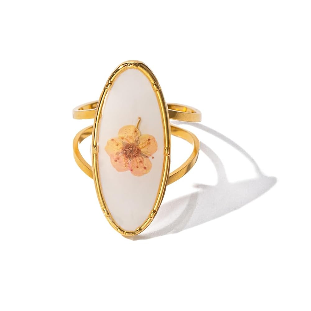 Handmade Dried Flower Statement Ring for Women Girls Gold Plated Stainless Steel Adjustable Press... | Amazon (US)