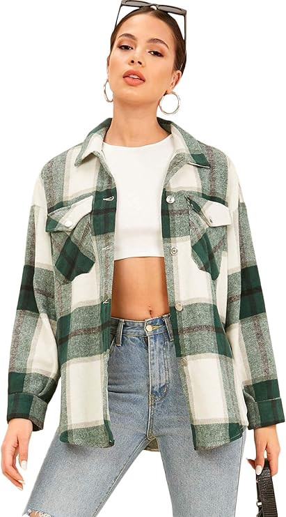 MakeMeChic Women's Plaid Shacket Jacket Coat Flannel Button Down Shirt | Amazon (US)