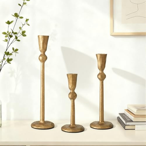 Set of 3 Antique Brass Taper Candle Holders Iron Candlestick Holder for Table Centerpieces Wedding Holiday Decor Vintage Decorative Candelabra Style Candle Stick Stand | Amazon (US)