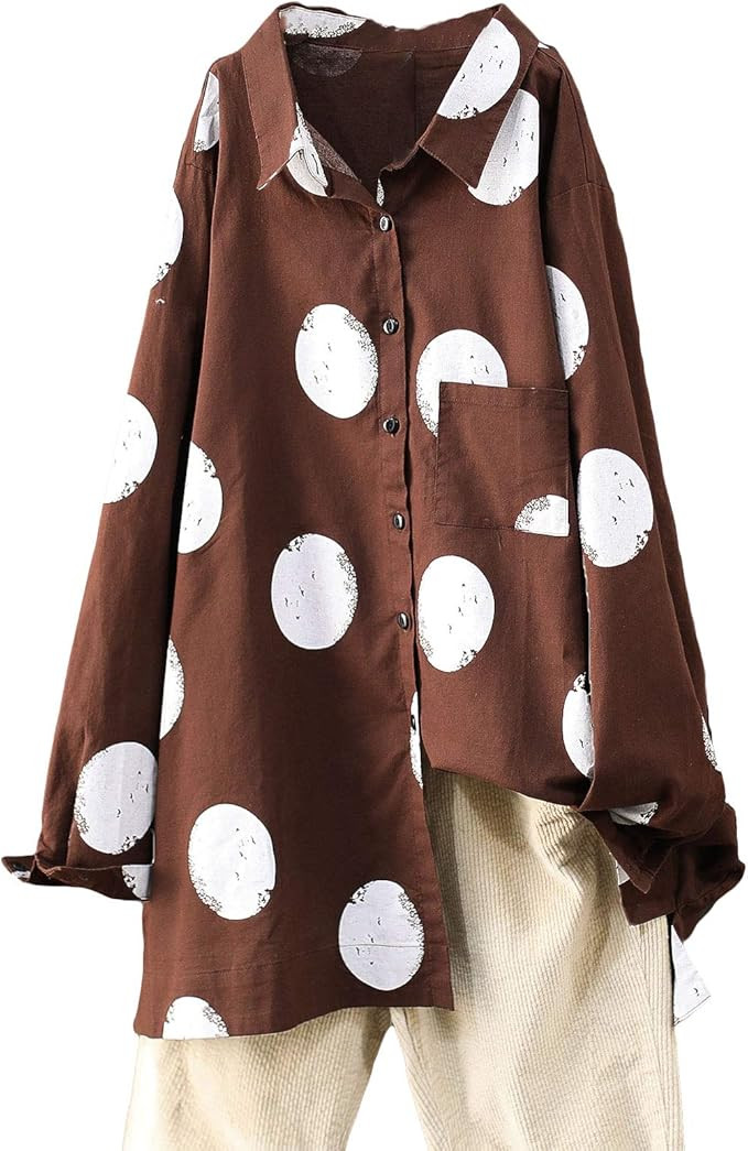 Minibee Women's Button Down Tunic Tops Polka Blouse Cotton Shirt | Amazon (US)