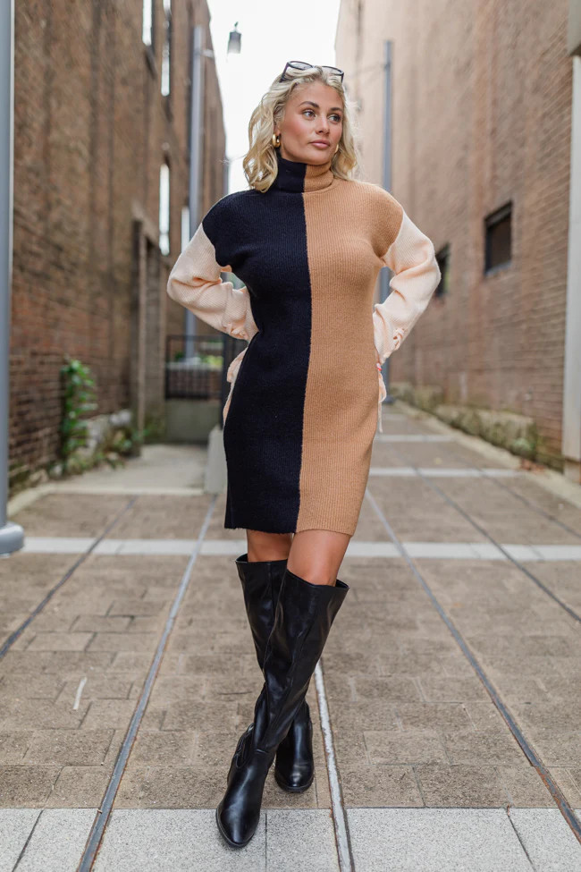 Just For Today Neutral Colorblock Sweater Dress | Pink Lily