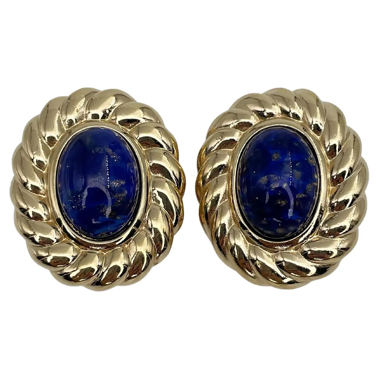 1980s Vintage Christian Dior Gold Tone Faux Lapis Lazuli Oval Clip on Earrings | 1stDibs