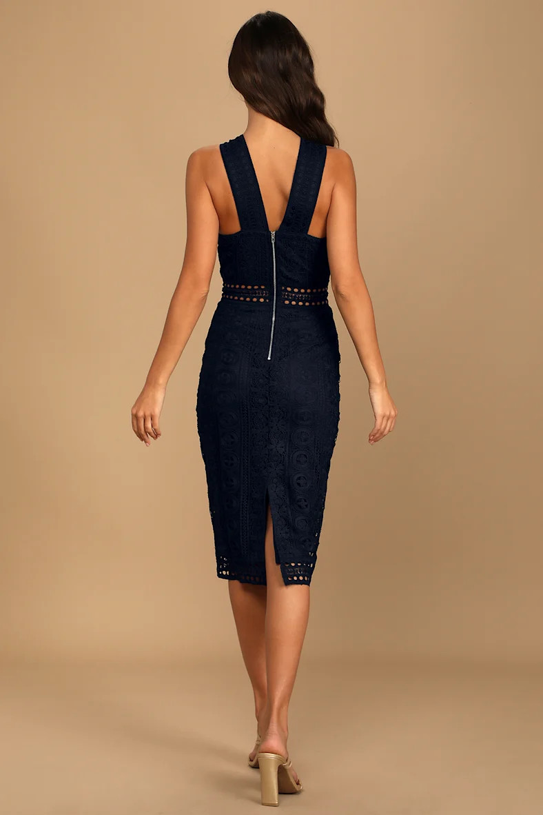 Cocktail Ready Navy Blue Crochet Lace Midi Dress | Lulus