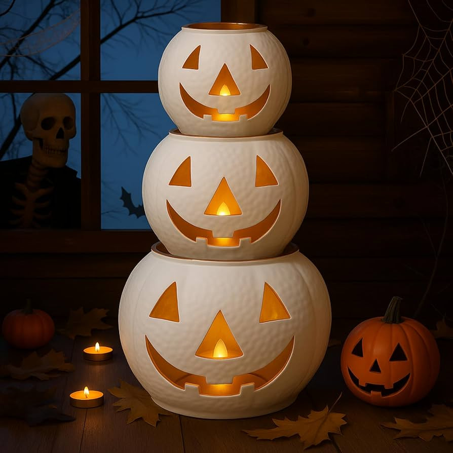 Nuogo 3 Pcs Halloween Metal Jack O Lanterns Pumpkin Set with LED Candles - Pumpkin Lanterns in Wh... | Amazon (US)
