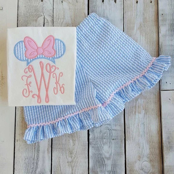 Monogram Disney Outfit, Minnie Mouse girls embroidered shirt, seersucker shorts, matching hairbow... | Etsy (US)