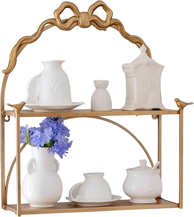 Gold Arched Frame Foldable Wall Shelf,Decorative 2 Tier Bathroom Floating Shelf for Wall with Bow... | Amazon (US)