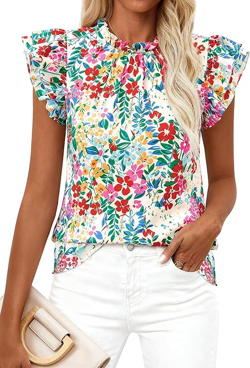 PRETTYGARDEN Women's Ruffle Short Sleeve Summer Tops 2026 Trendy Floral Trim Neck Casual Dressy C... | Amazon (US)