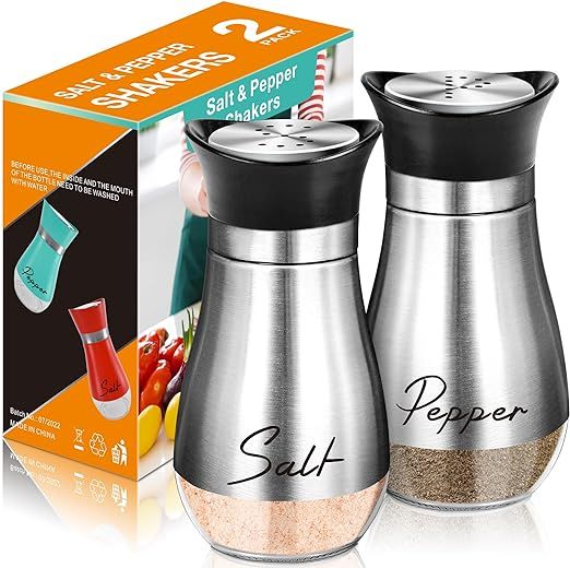 Salt and Pepper Shakers Set,4 oz Glass Bottom Salt Pepper Shaker with Stainless Steel Lid for Kit... | Amazon (US)