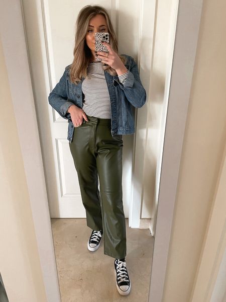 Comfy casual spring outfit, perfect for in between weather days! 

Denim Jacket (old)
Striped Scoop Top - Massimo Dutti
Green Faux Leather Trousers - Primark
Black Hi-Top Converse#LTKunder50 

#LTKSeasonal #LTKstyletip