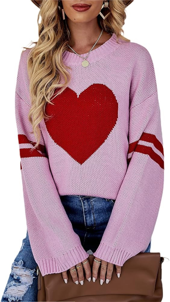 Mxiqqpltky Heart Print Sweater for Women Long Sleeve Crewneck Valentine's Day Knitted Pullover Lo... | Amazon (US)