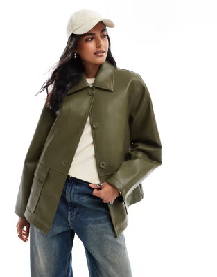 ASOS DESIGN leather look harrington jacket in khaki | ASOS (Global)