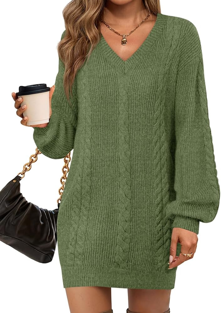 Saodimallsu Womens V Neck Mini Sweater Dress Cable Knit Long Lantern Sleeve Casual Loose Fall Tun... | Amazon (US)