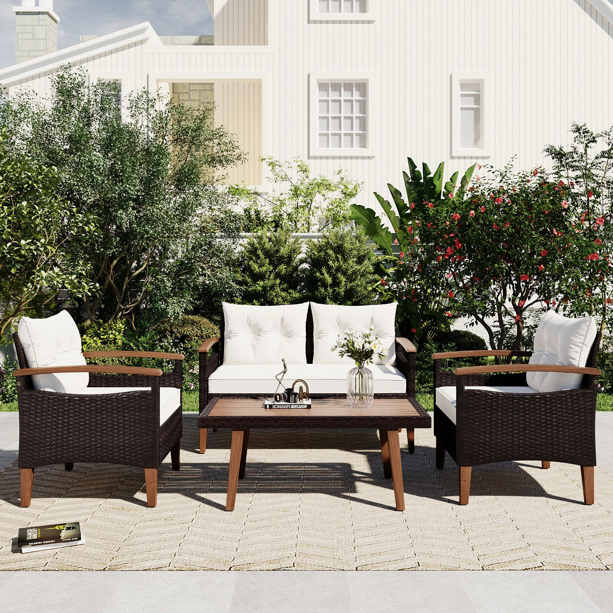 4 Piece Wicker Conversation Set,PE Rattan Outdoor Sofa Set with Wood Table and Cushions,All Weath... | Walmart (US)