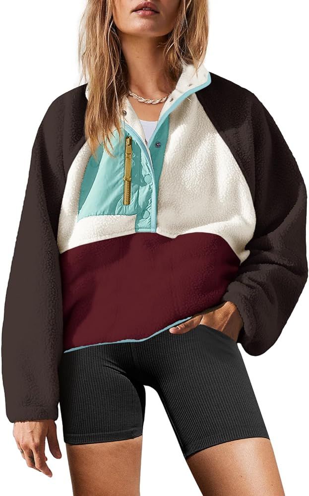 Yanekop Womens Fuzzy Fleece Pullover Sherpa Sweatshirt Long Sleeve Button Down Sweater Jacket with Pockets | Amazon (US)