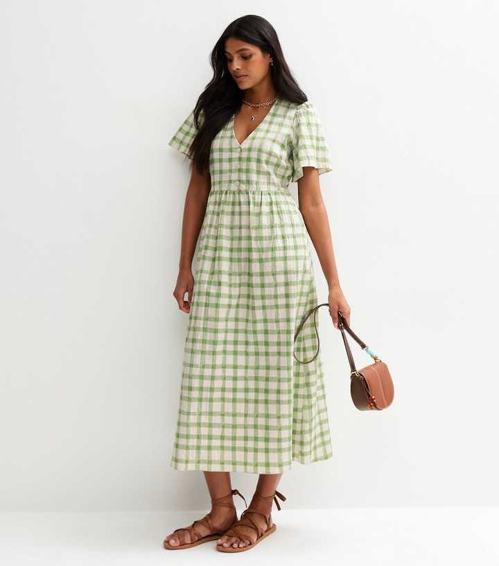 Green Gingham Check V-Neck Button Front Midi Dress | New Look | New Look (UK)