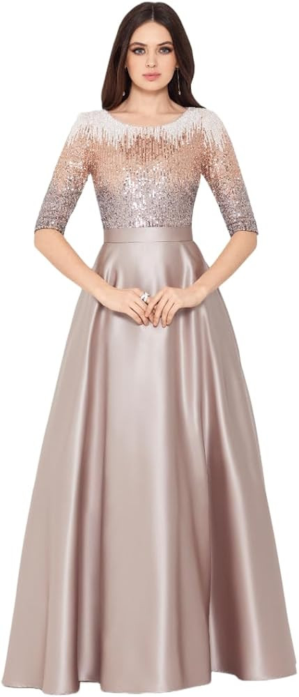 Betsy & Adam Womens Sequin Embellished Satin Ball Gown with 3/4 Sleeves and Center Back Zipper | Amazon (US)