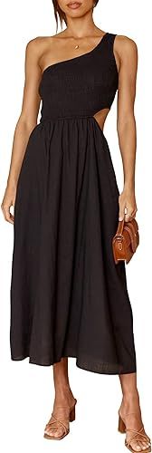 ANRABESS Women's Summer Sleeveless Smocked One Shoulder Cutout Sundress Flowy A-Line Beach Long M... | Amazon (US)