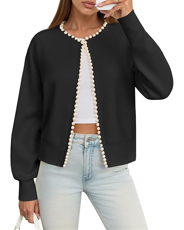 Saodimallsu Womens Fall Open Front Cardigan Sweaters Pearl Long Sleeve Knit Tops Crewneck Dressy ... | Amazon (US)