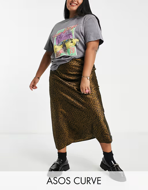 ASOS DESIGN Curve bias slip midi skirt in leopard print | ASOS (Global)