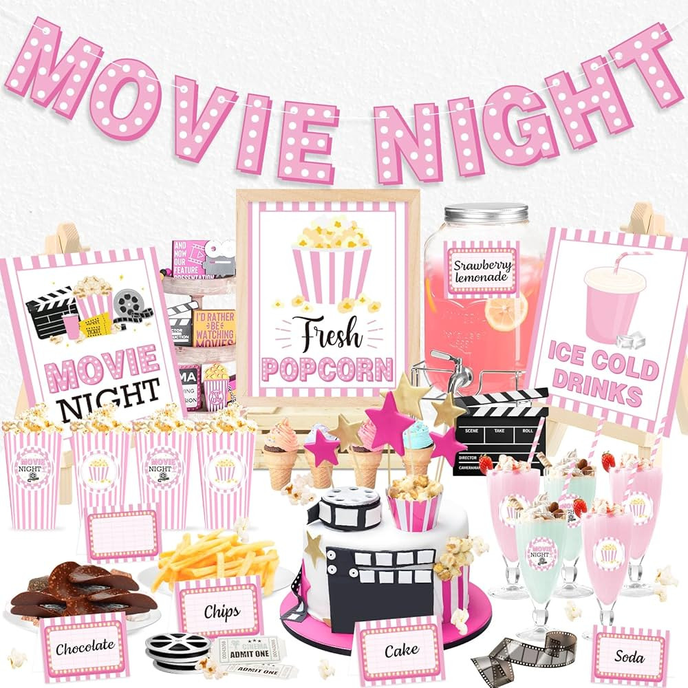 K KUMEED Movie Night Party Decorations-Pink Movie Night Banner Cute Popcorn Sign Ice Cold Drink T... | Amazon (US)