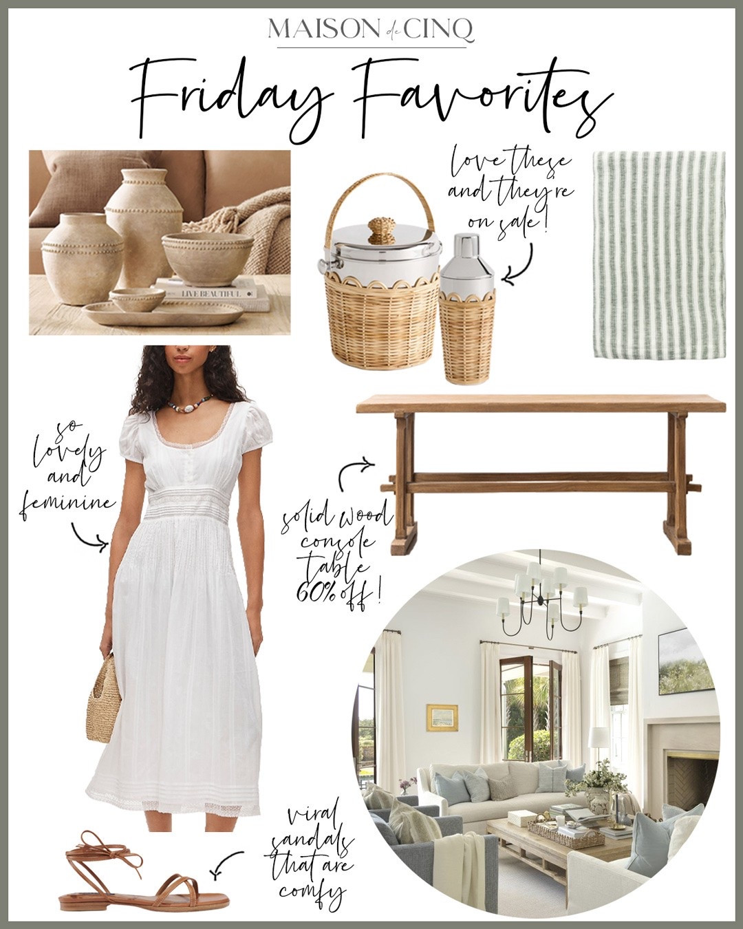 Friday Favorites this week features gorgeous console tables on major sale, linen tablecloth and wicker bar accessories, the prettiest white dress, viral comfy sandals, and much more!

Home decor, summer fashion, summer dress, tabletop, summer entertaining, summer outfit, travel essentials, luggage, sandals, shorts, pajamas, robes

#LTKHome #LTKSeasonal #LTKSaleAlert