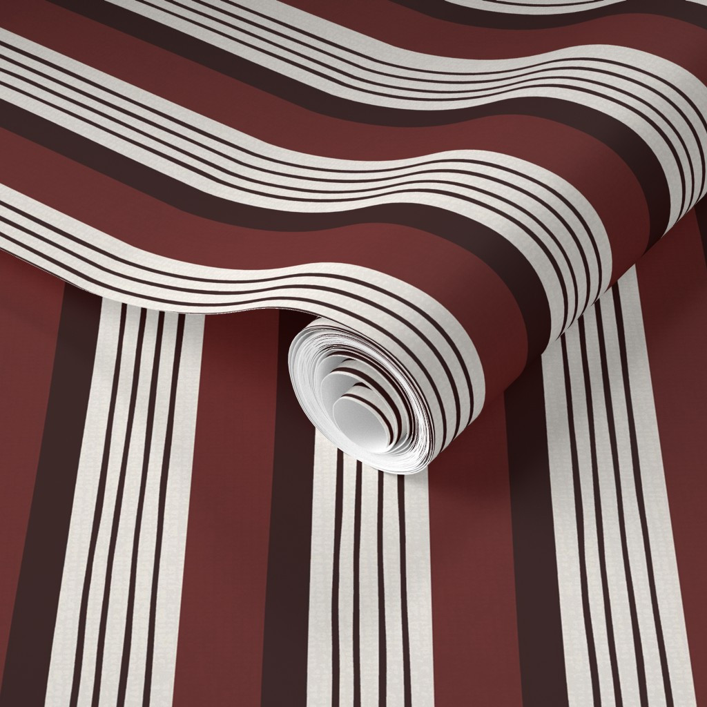 Wallpaper in M - Vertical stripes ticking dark red burgundy on white - new farmhouse | Spoonflower