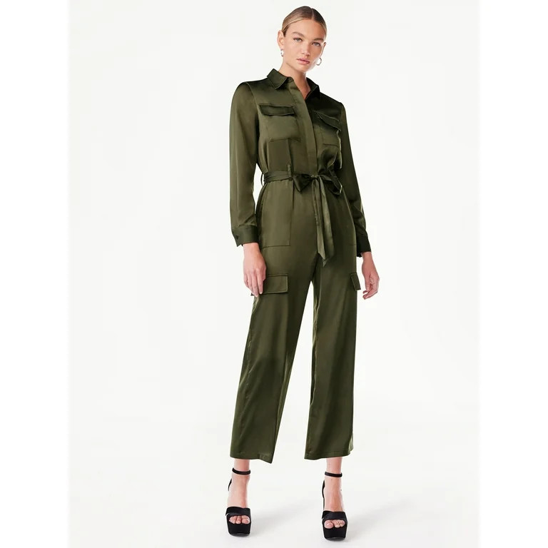 Scoop Women's Wide Leg Satin Jumpsuit with Cargo Pockets, Sizes XS-2XL - Walmart.com | Walmart (US)