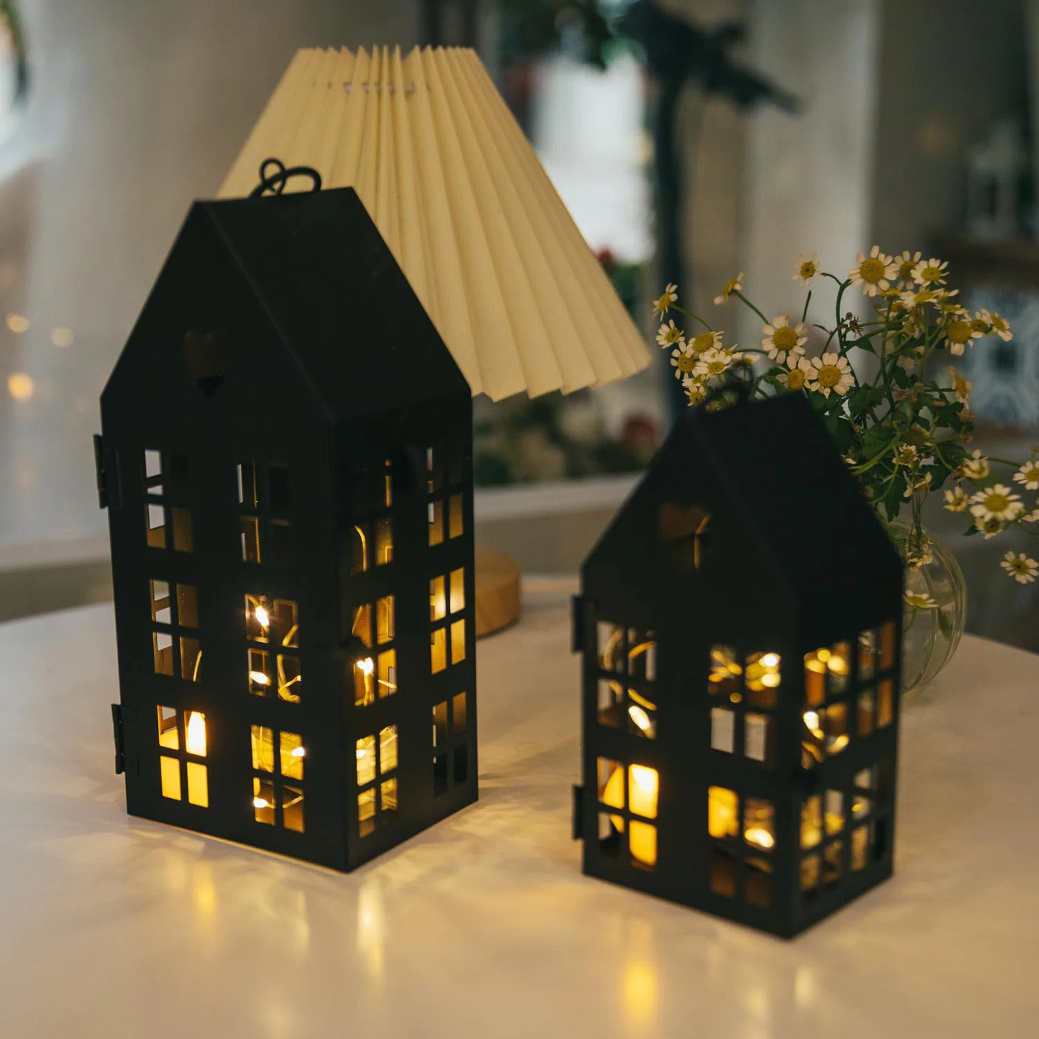 Modern Farmhouse Metal House Candle Lanterns With Timer String & LED Tealight For Halloween, Chri... | Wayfair North America
