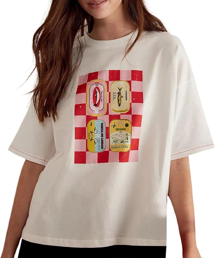 Women Graphic Oversized Tee Y2k Fruit Print Short Sleeve White Top Crewneck Cute Aesthetic Tee Sh... | Amazon (US)