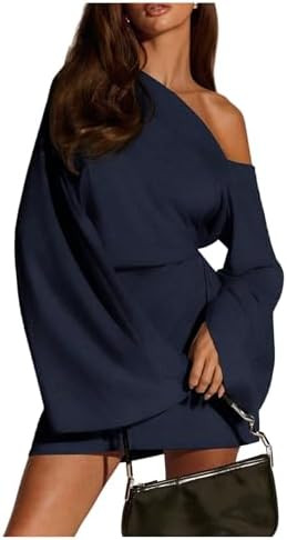 SOLY HUX Women's Long Sleeve Mini Dress Off The Shoulder Asymmetrical Neck Bodycon Dresses | Amazon (US)
