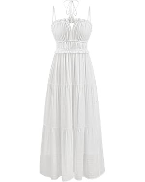 CIDER Maxi Dresses Women White Spaghetti Strap Backless Flowy Summer Boho Vacation Dress Beach Ou... | Amazon (US)