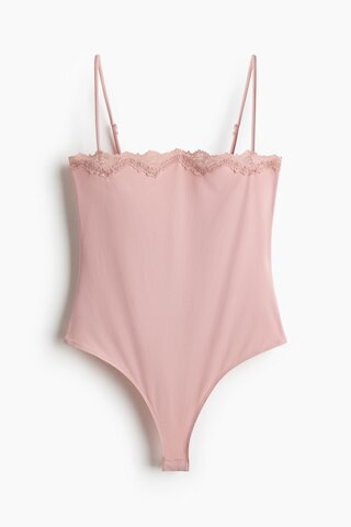 H & M - Lace-Trimmed Strappy Bodysuit - Light Dusty Pink | H&M (US + CA)