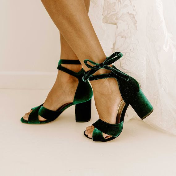 Green Velvet Wedding Shoes Mid Block Heel Bridal Shoes Green - Etsy | Etsy (US)