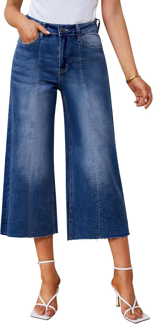 GRAPENT Jean Capris for Women Wide Leg Jeans High Waisted Seamed Front Raw Hem Denim Capri Pants ... | Amazon (US)