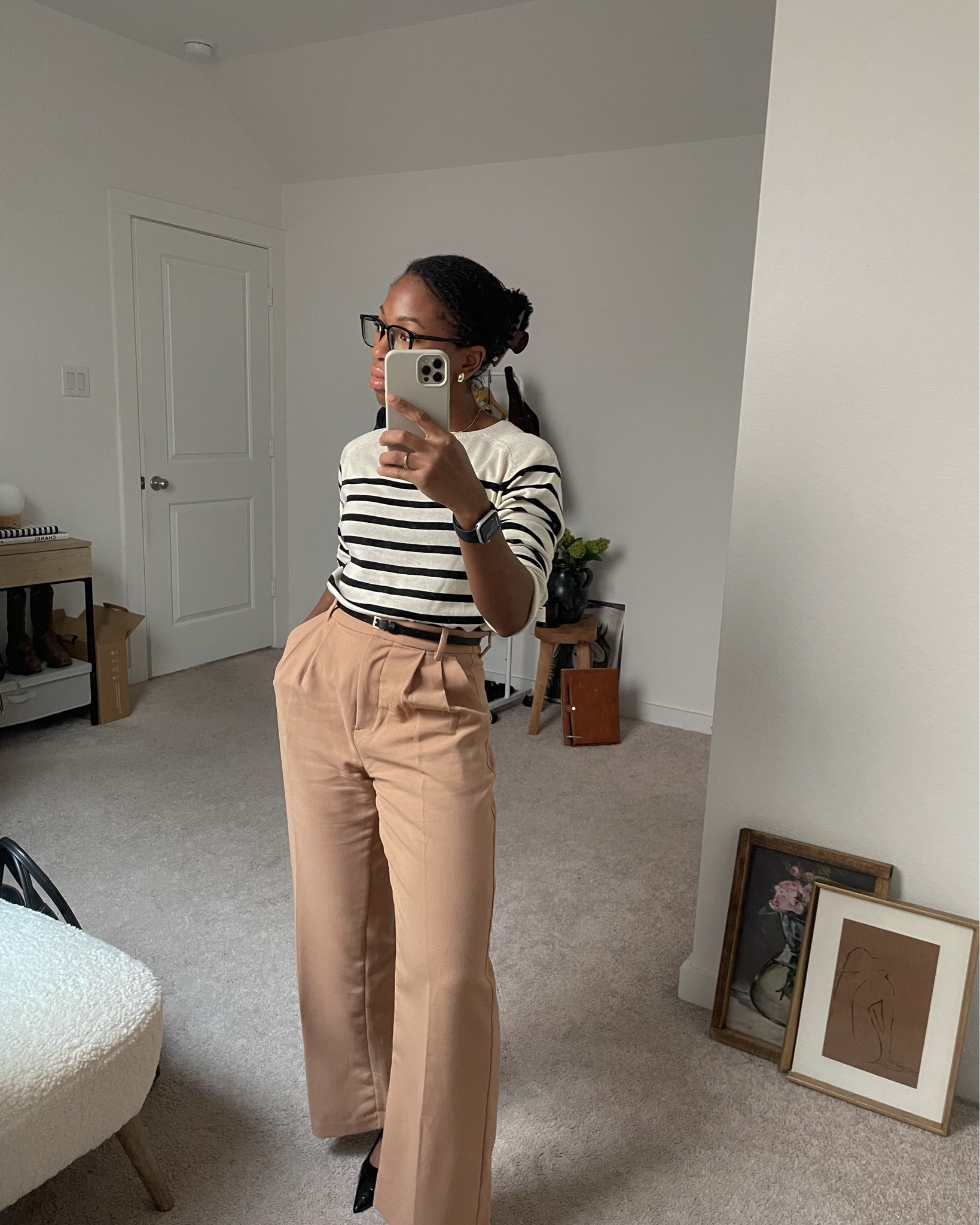 Pre-fall workwear outfit, transitional outfit, corporate outfit, striped knit, khaki trousers, brown pants 

#LTKStyleTip #LTKWorkwear #LTKSeasonal