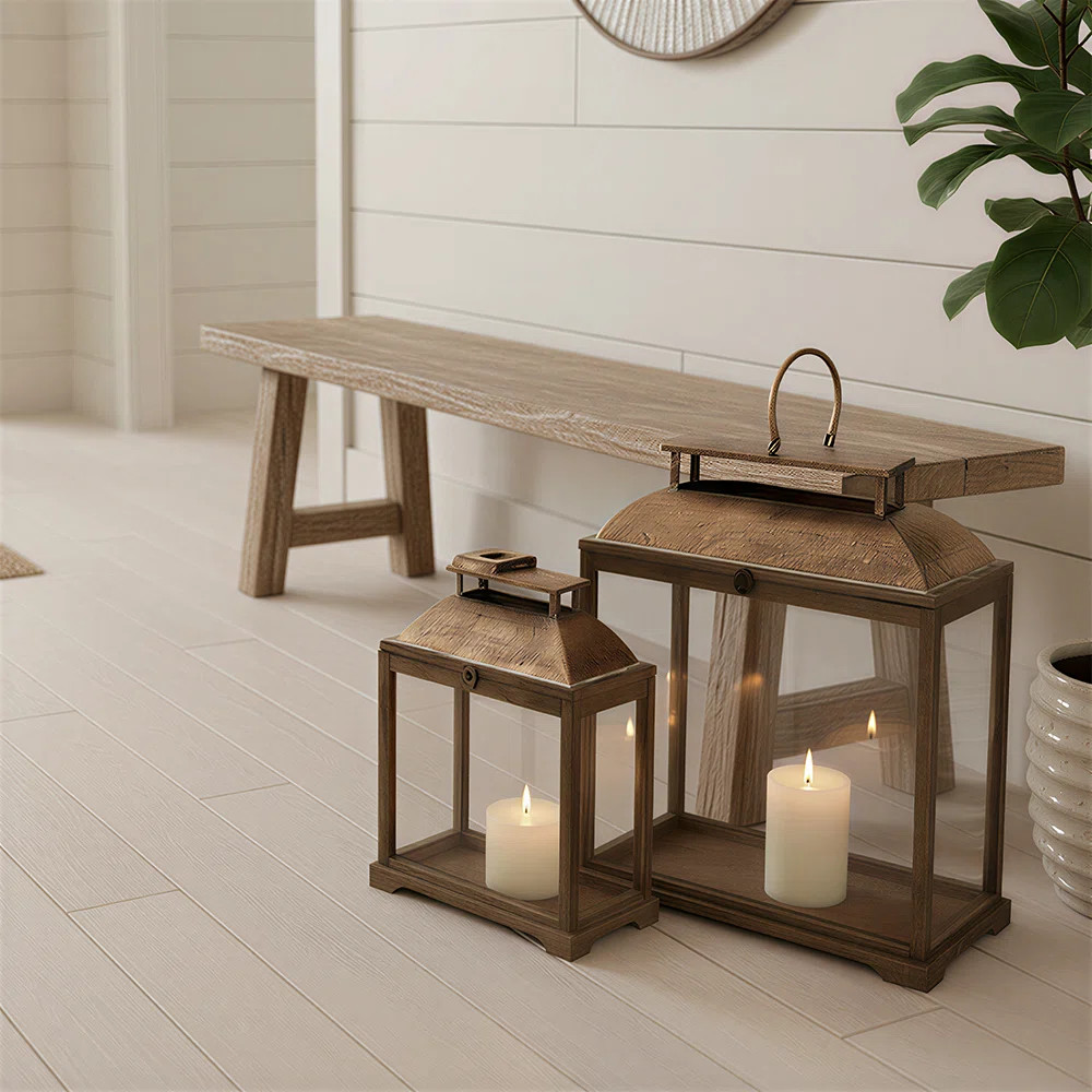 Wooden Lantern with Metal Top, Rustic Glass Candle Lantern Decor (Set of 2) | Wayfair North America